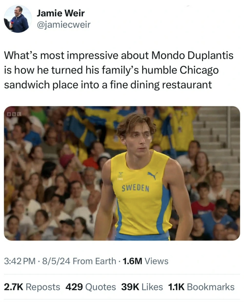 Armand Duplantis - Jamie Weir What's most impressive about Mondo Duplantis is how he turned his family's humble Chicago sandwich place into a fine dining restaurant Sweden 8524 From Earth 1.6M Views Reposts 429 Quotes 39K Bookmarks